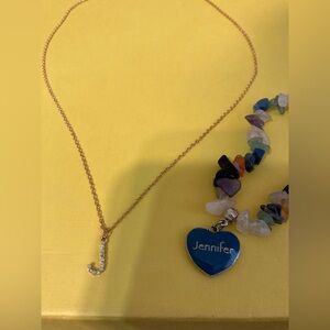 Gold Necklace with Initial Pendant and Multicolor Bracelet